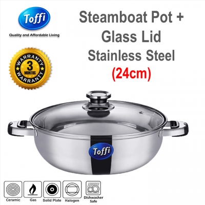 [TOFFI] 24cm Steamboat Pot Stainless Steel + Glass Lid (B2824G)